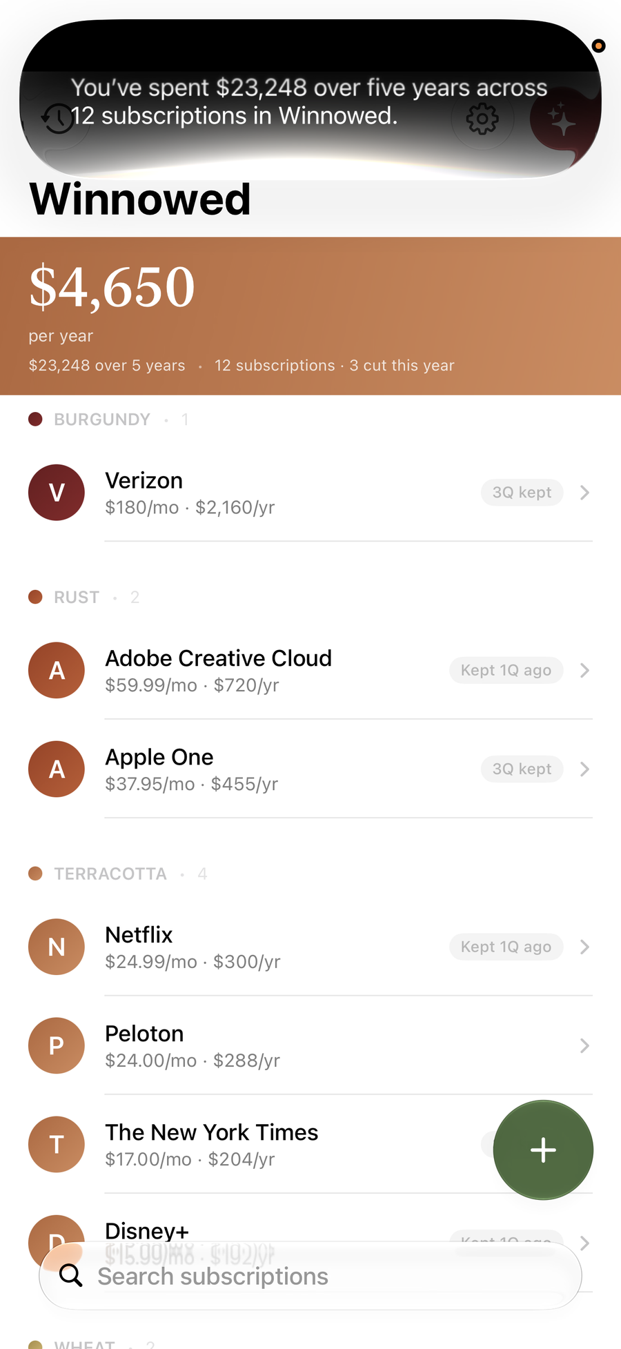 Siri answering a spending question over the Winnowed Stack screen.